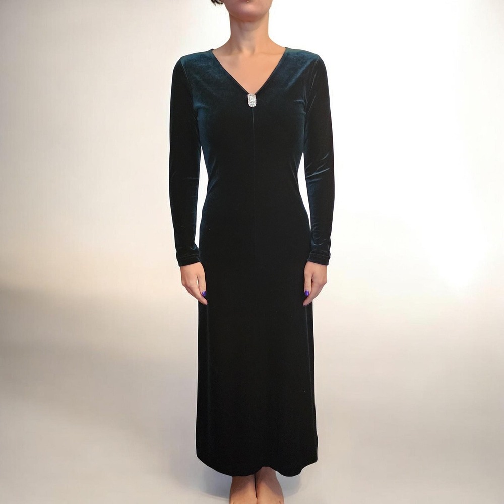 Karen Kane Green Velvet Maxi Dress XS‎ V-Neck Rhinestone Long Sleeve Formal